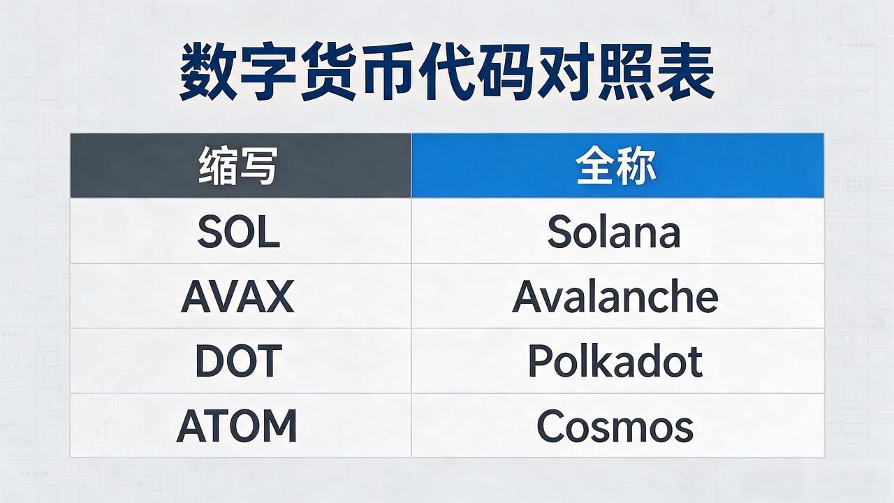 数字货币代码全称缩写速查_BTC ETH USDT区别对照表_数字货币代码对照表